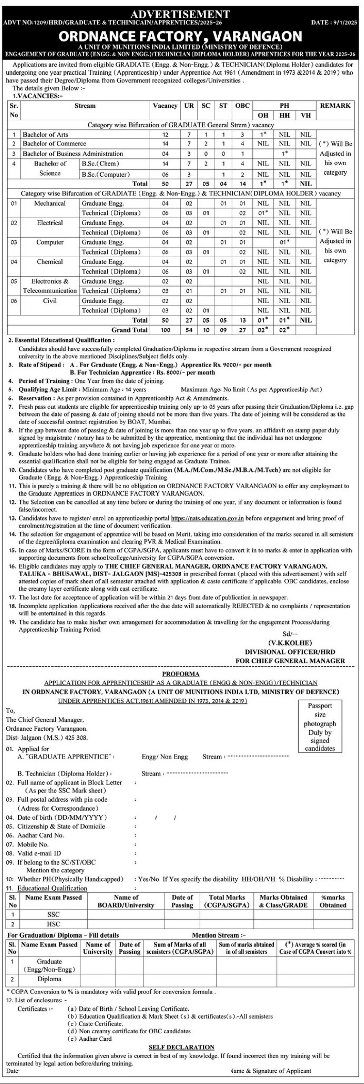 Ordnance Factory Varangaon Graduate /Technician Apprentice Recruitment 2025 - Page 1