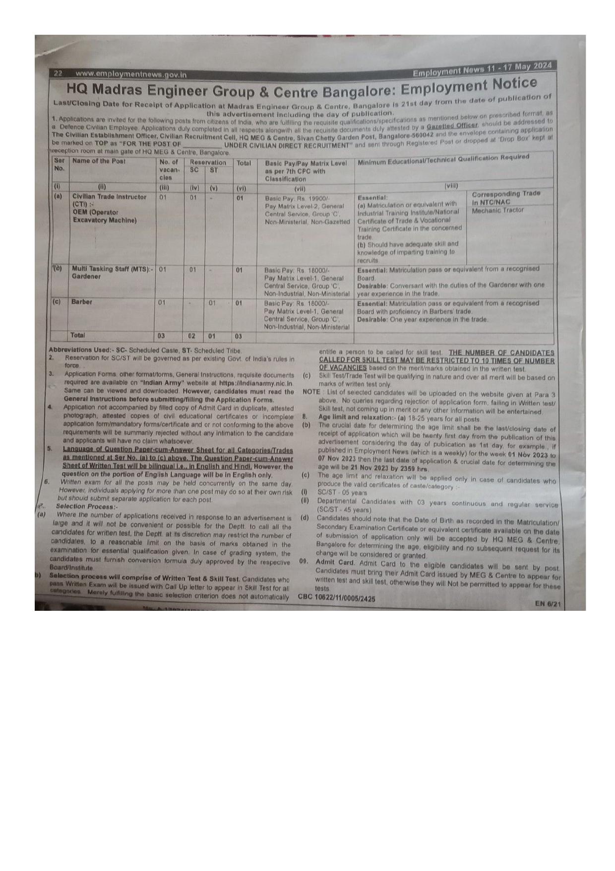 HQ Madras Engineer Group and Centre Multi Tasking Staff and Various Posts Recruitment 2024 - Page 1