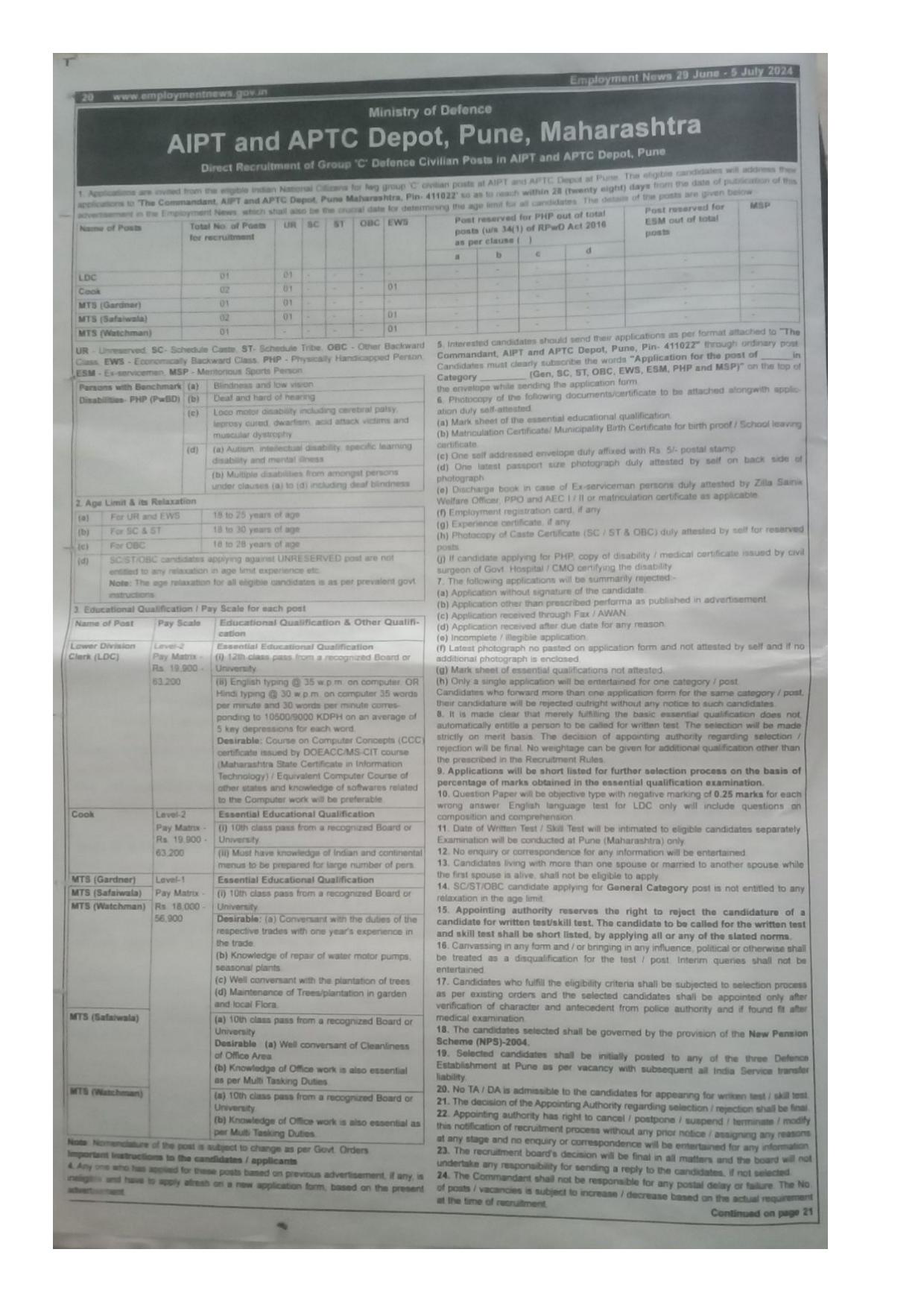 AIPT and APTC Depot Pune LDC, MTS, Cook Recruitment 2024 - Page 1