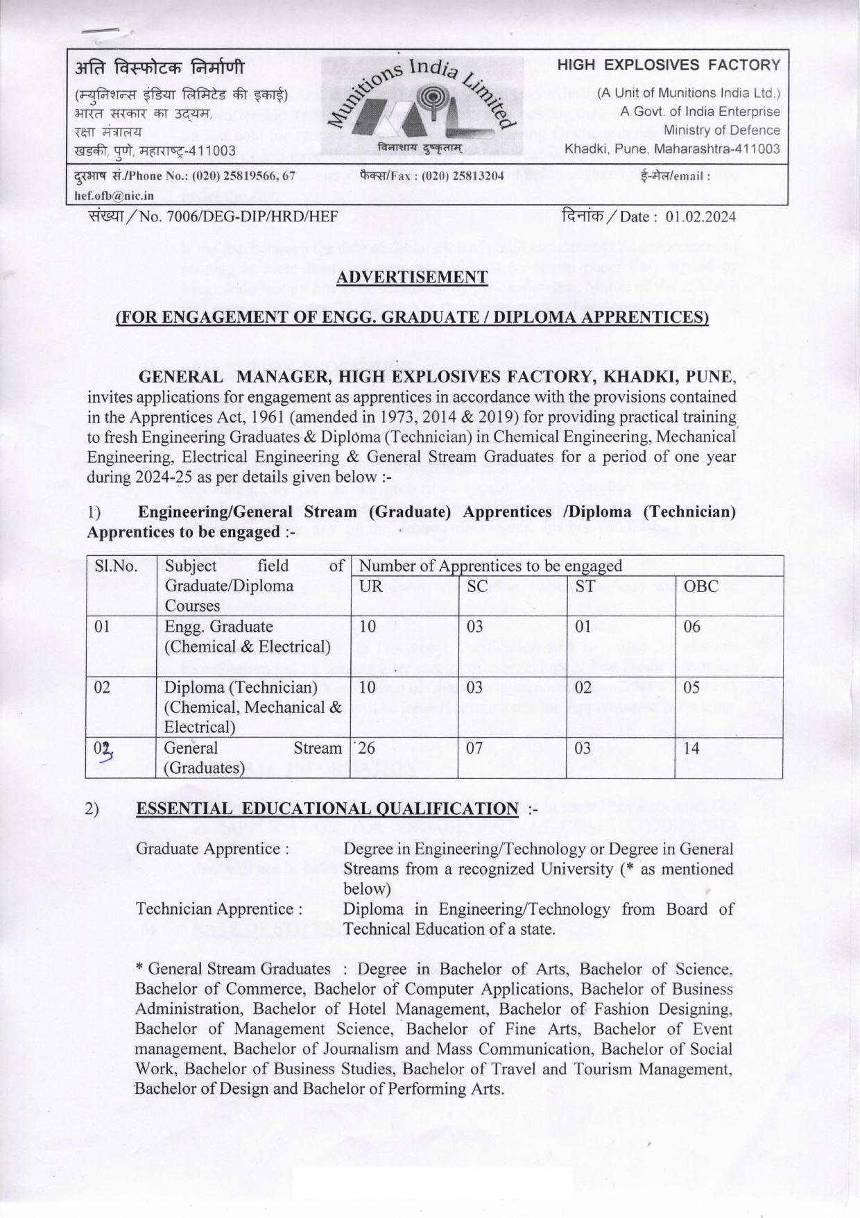 High Explosives Factory Recruitment: for Apprentice - 90 Posts - Page 1