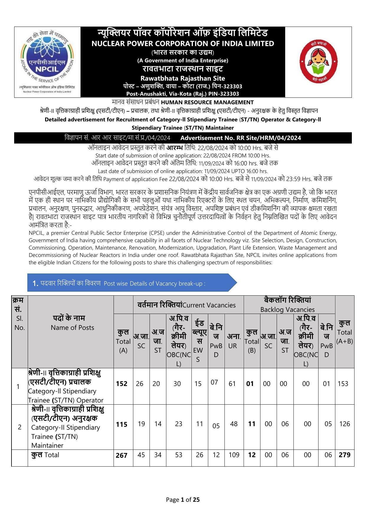 NPCIL 279 Stipendiary Trainee Recruitment 2024 - Page 1