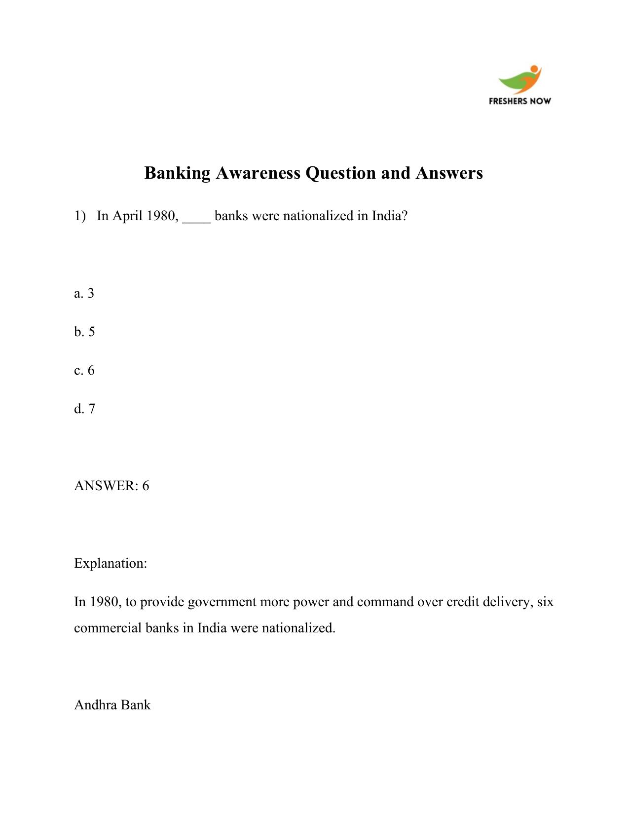 Indian Bank Question Papers: Banking Awareness - Page 1