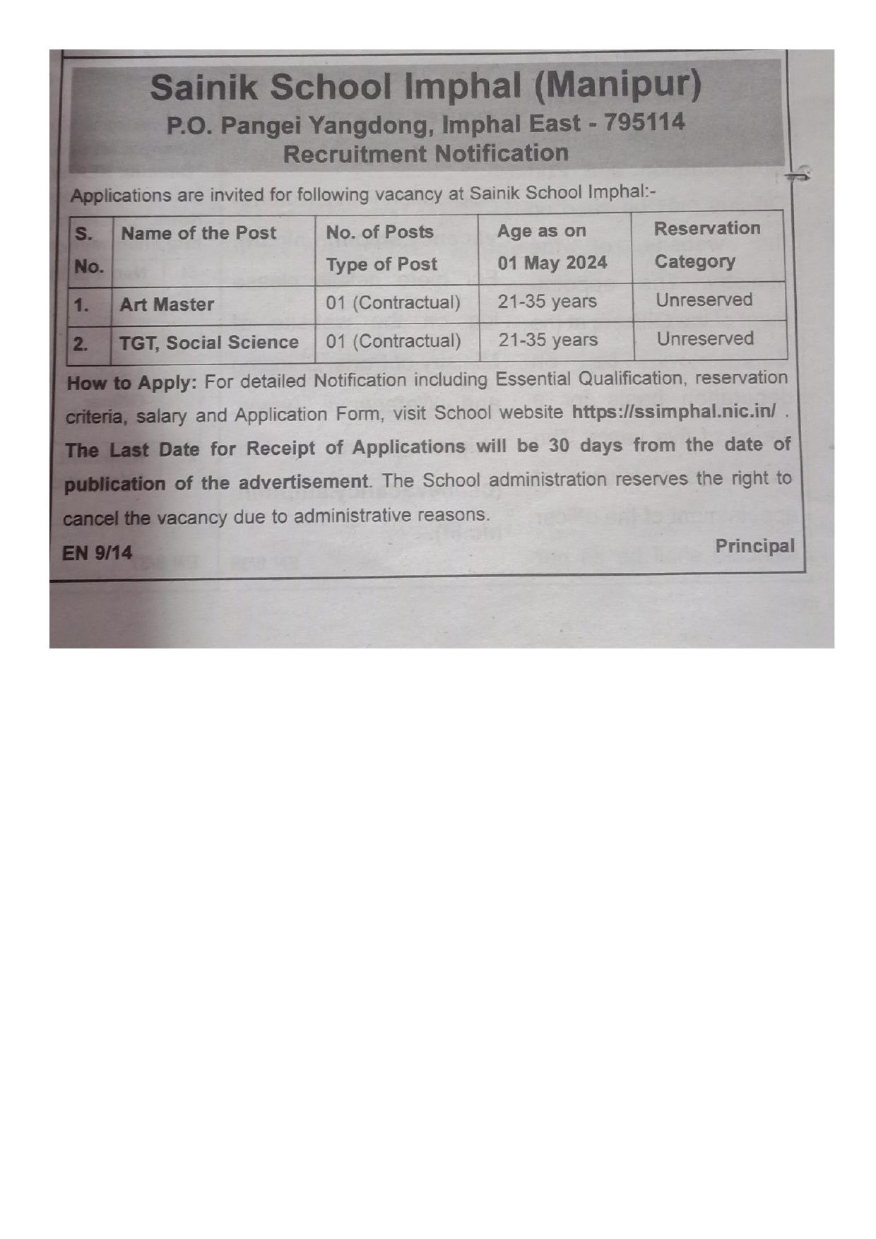 Sainik School Imphal Art Master, TGT Recruitment 2024 - Page 1