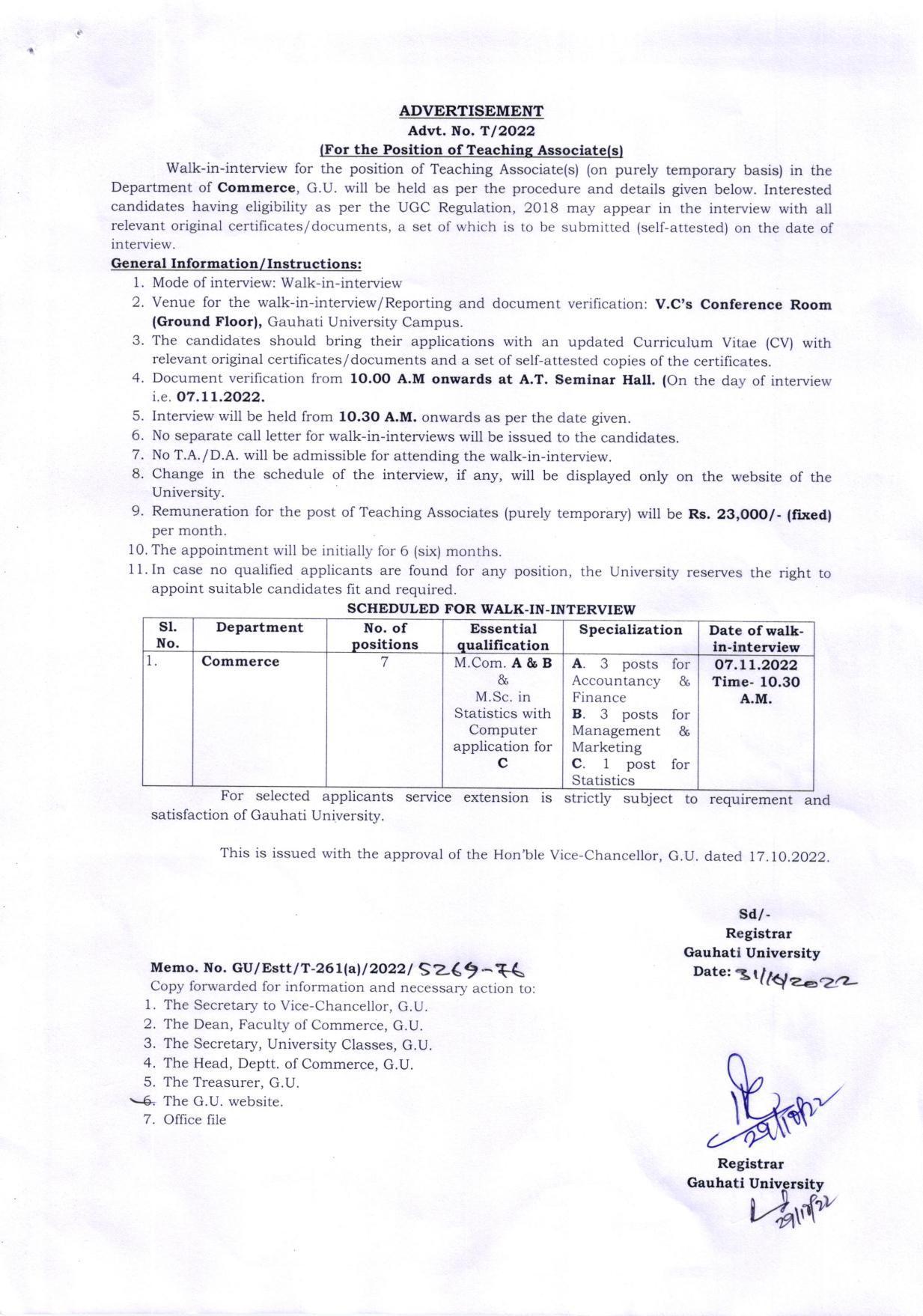 Guwahati University Invites Application for Teaching Associate Recruitment 2022 - Page 1