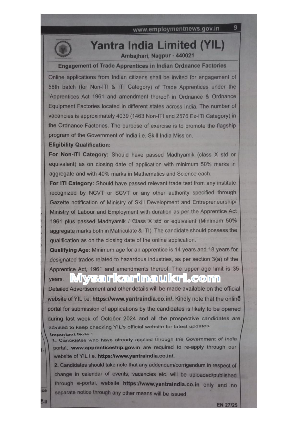 Yantra India Limited Trade Apprentice Recruitment 2024 - Page 1