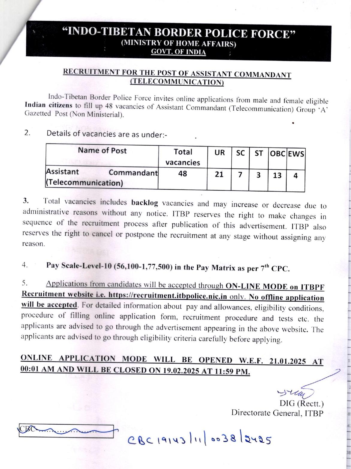 ITBP Assistant Commandant (Telecommunication) Recruitment 2025 - Page 1