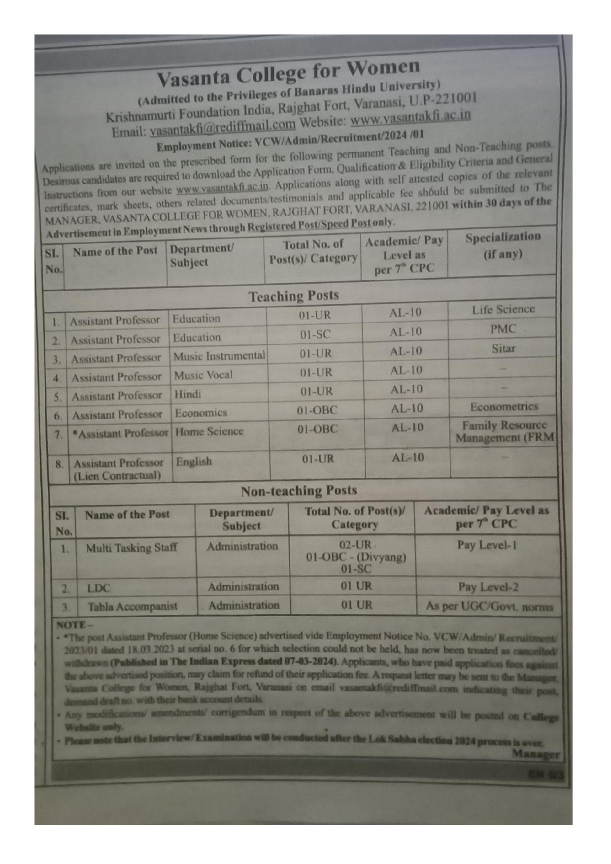 Vasanta College for Women (VCW) Various Teaching, Non-Teaching Positions Recruitment 2024 - Page 1