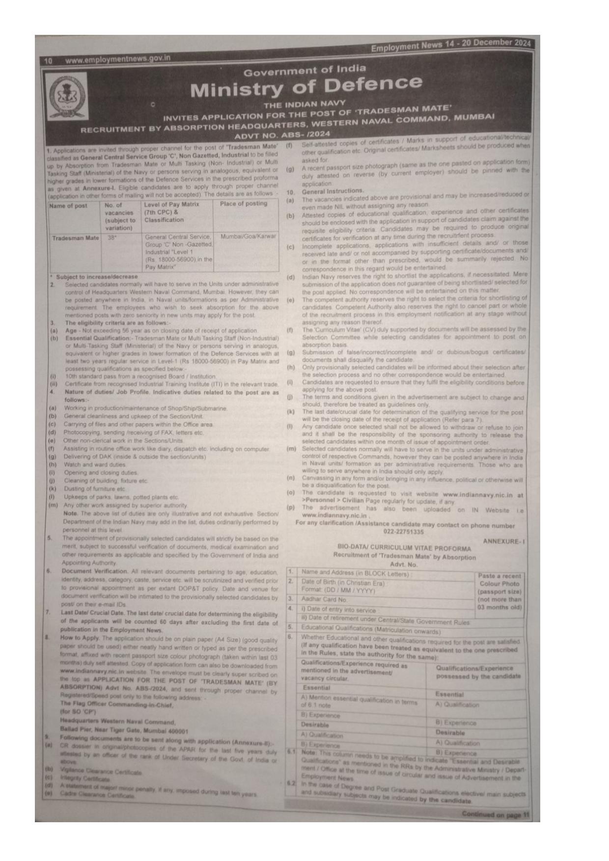 Indian Navy 38 Tradesman Mate Recruitment 2024 - Page 1