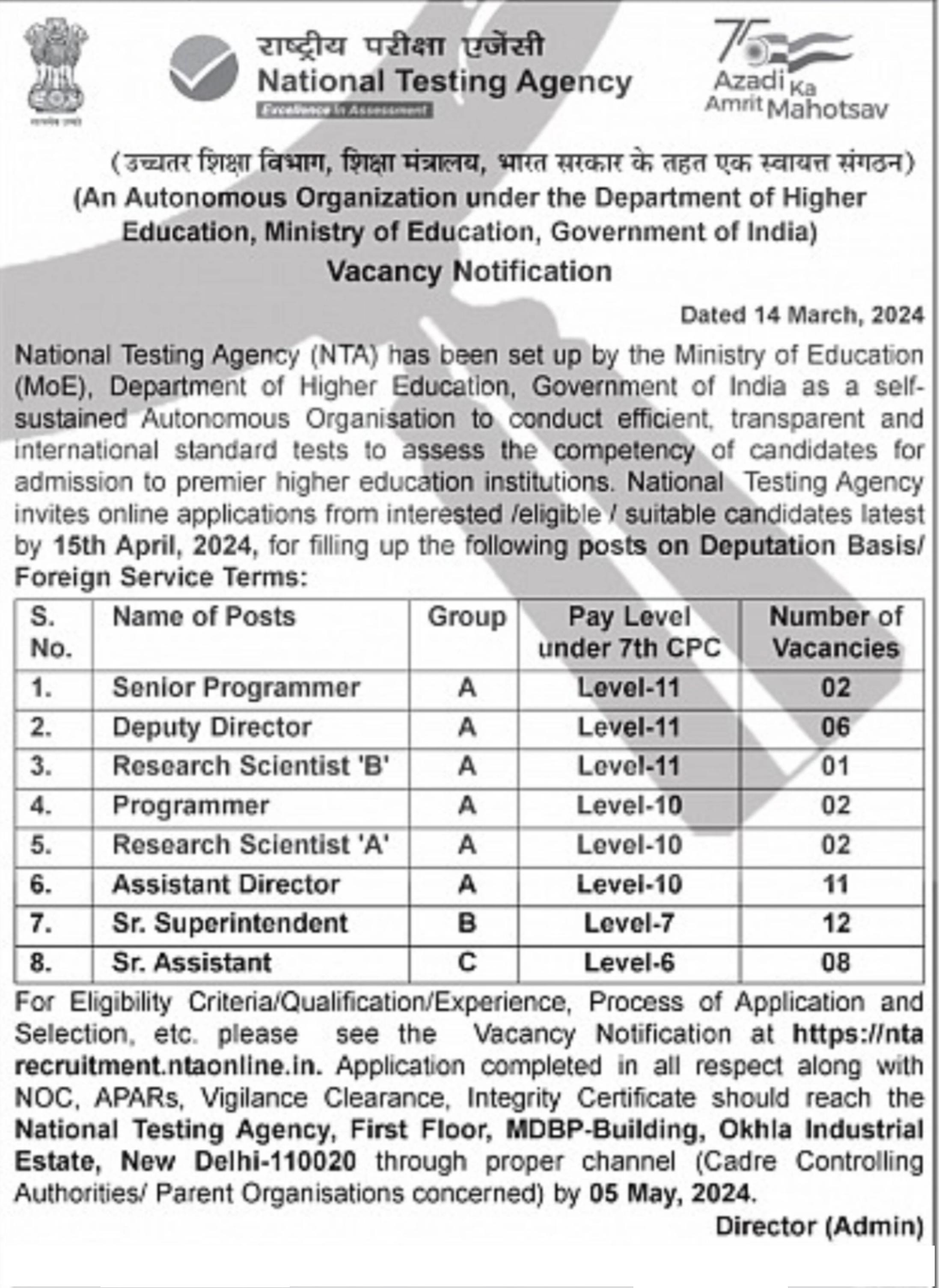 National Testing Agency Recruitment: 44 Deputy Director and Various Posts (2024) - Page 1