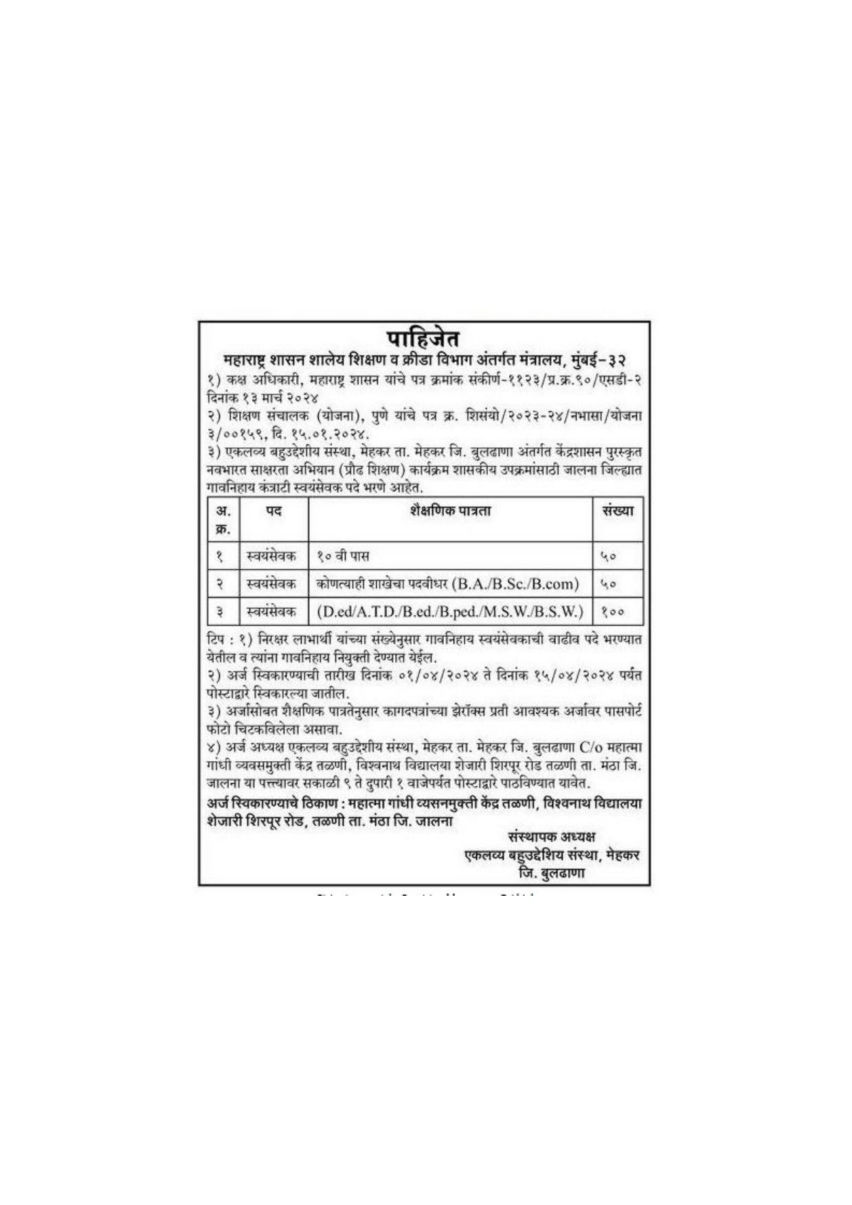 School Education Department Maharashtra Recruitment for 200 Posts - Page 1