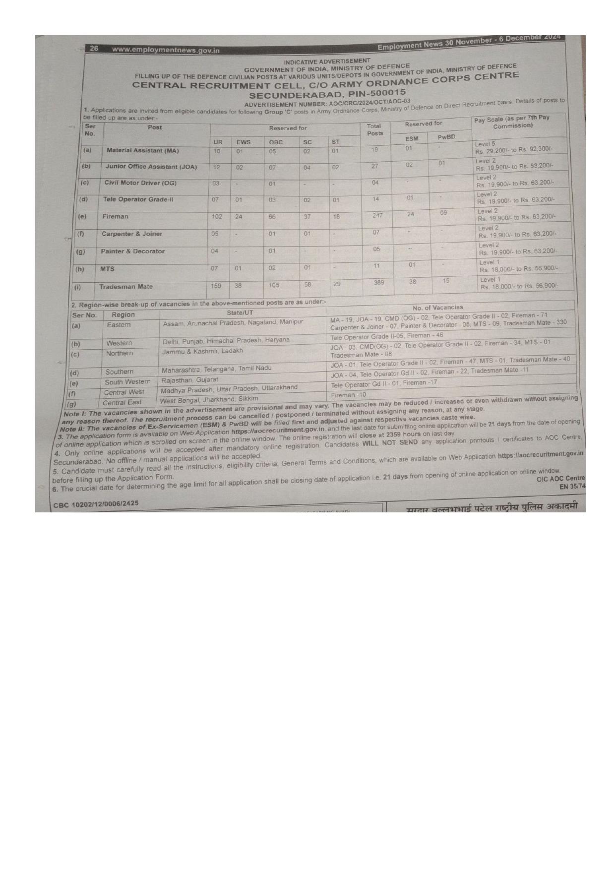 Army Ordnance Corps (AOC) Multi Tasking Staff and Various Posts Recruitment 2024 - Page 1