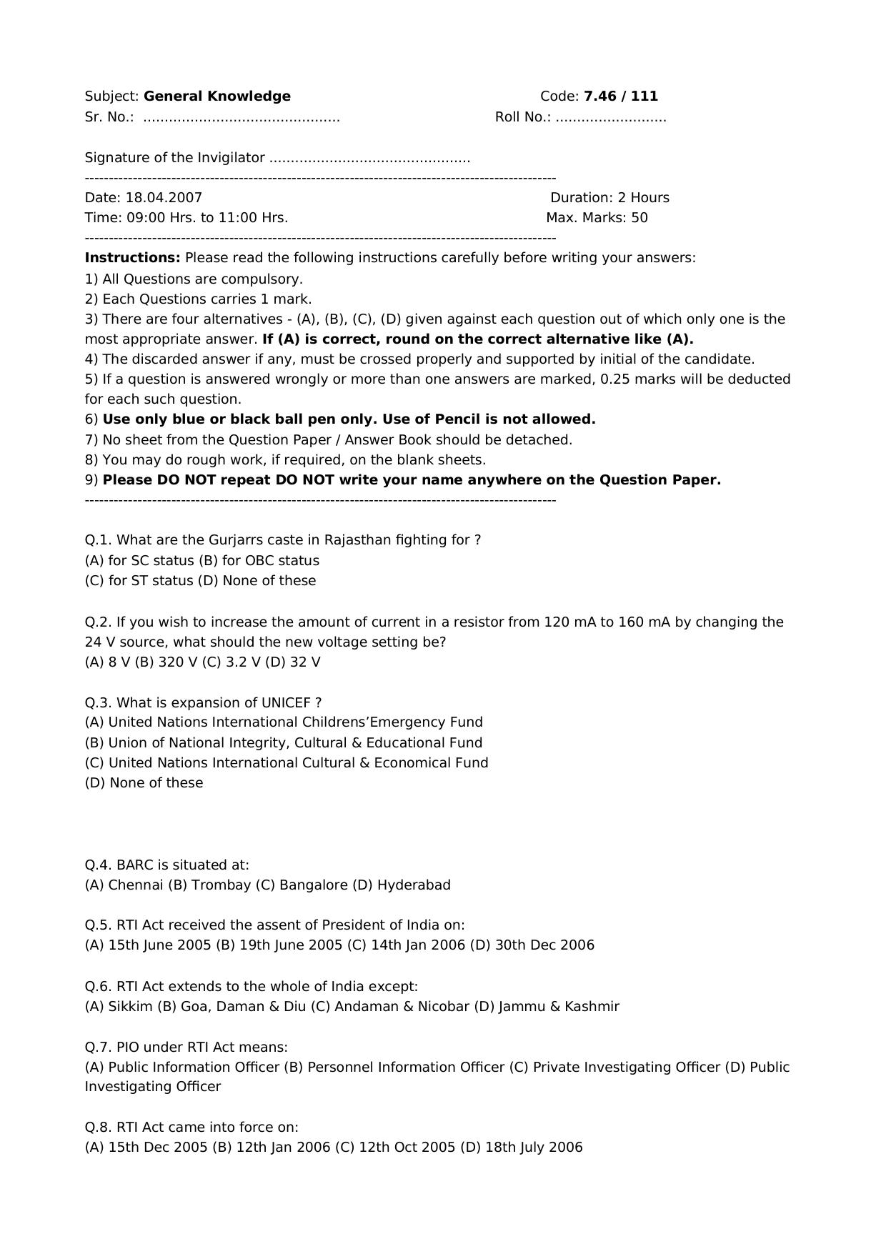 PSPCL General Knowledge Previous Year Question paper  - Page 1
