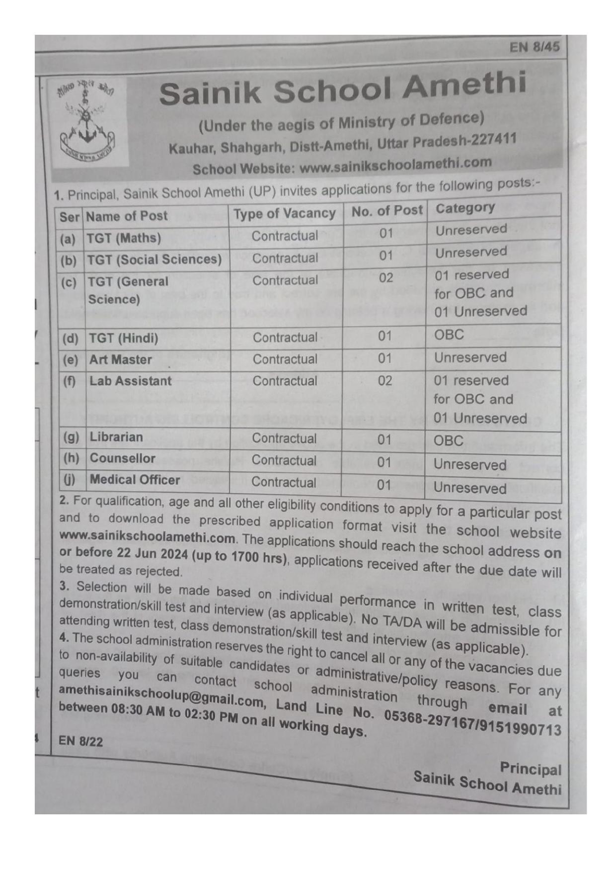 Sainik School Amethi TGT and Various Posts Recruitment 2024 - Page 1